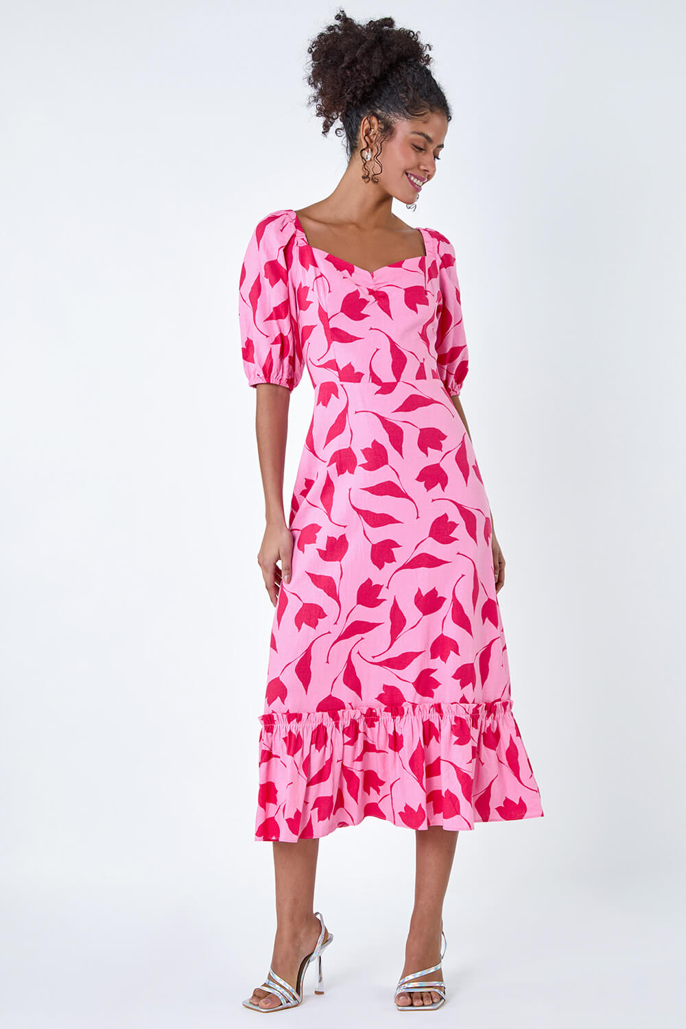 PINK Floral Print Frill Hem Midi Dress , Image 3 of 5