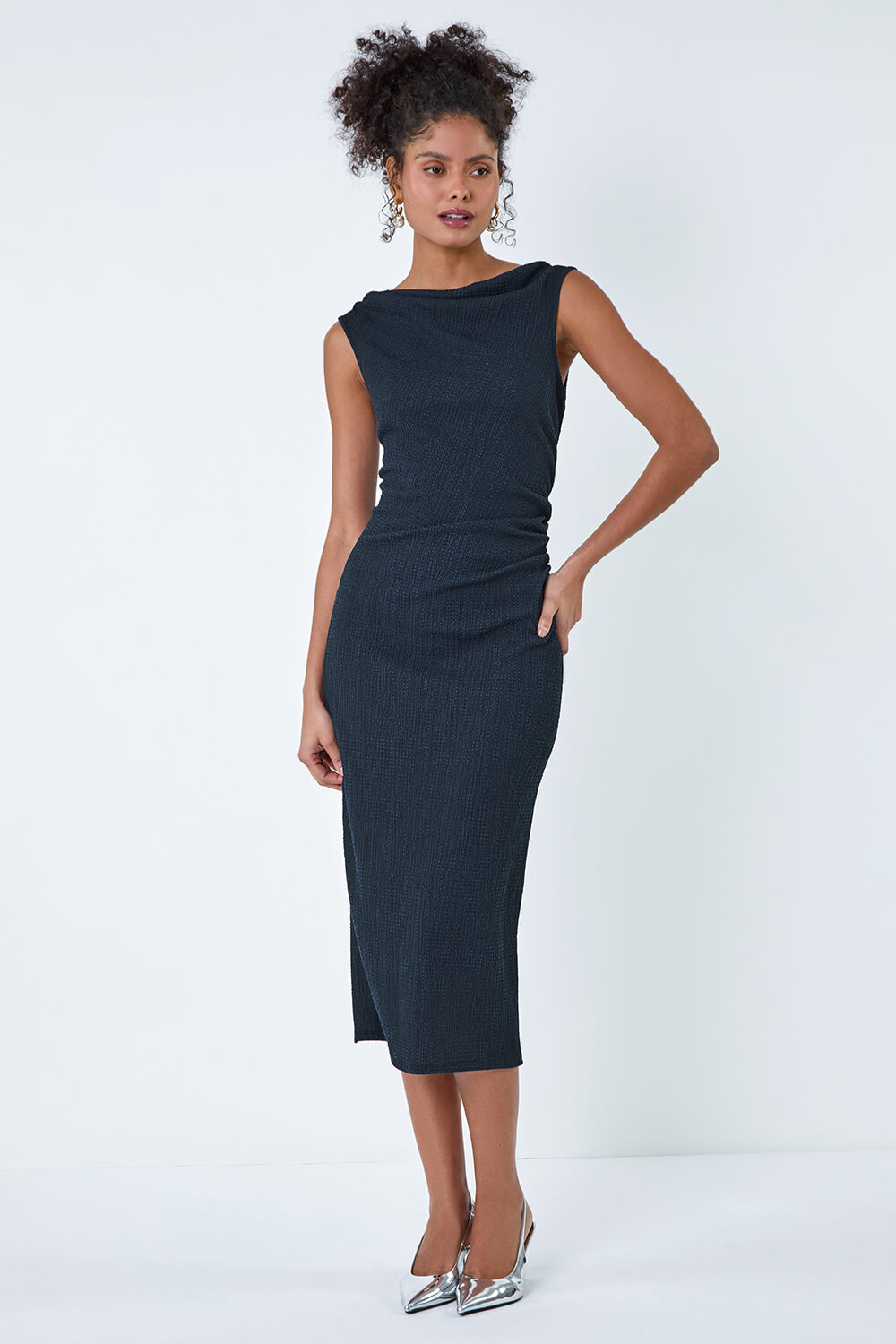 Navy  Ruched Cowl Neck Midi Dress, Image 2 of 5