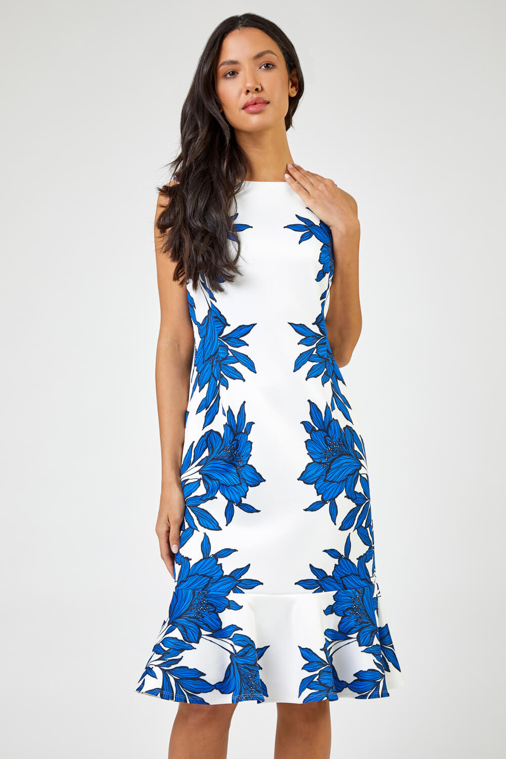 Royal Blue Floral Border Print Frill Stretch Dress, Image 3 of 5