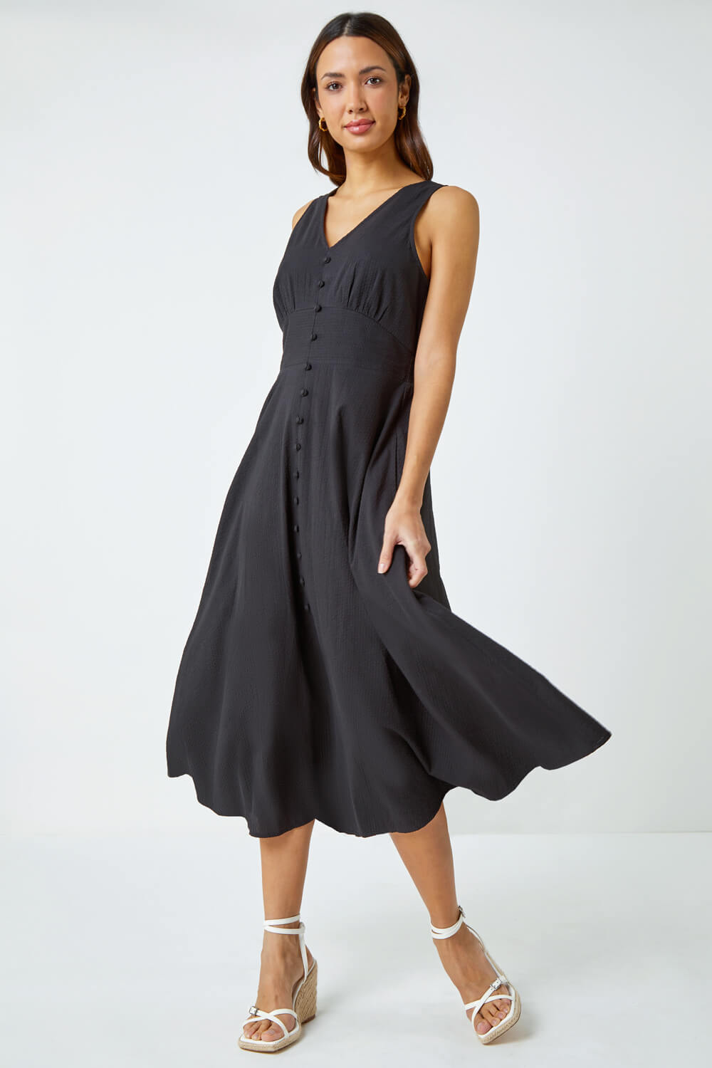 Black Sleeveless Button Detail Cotton Midi Dress, Image 2 of 5