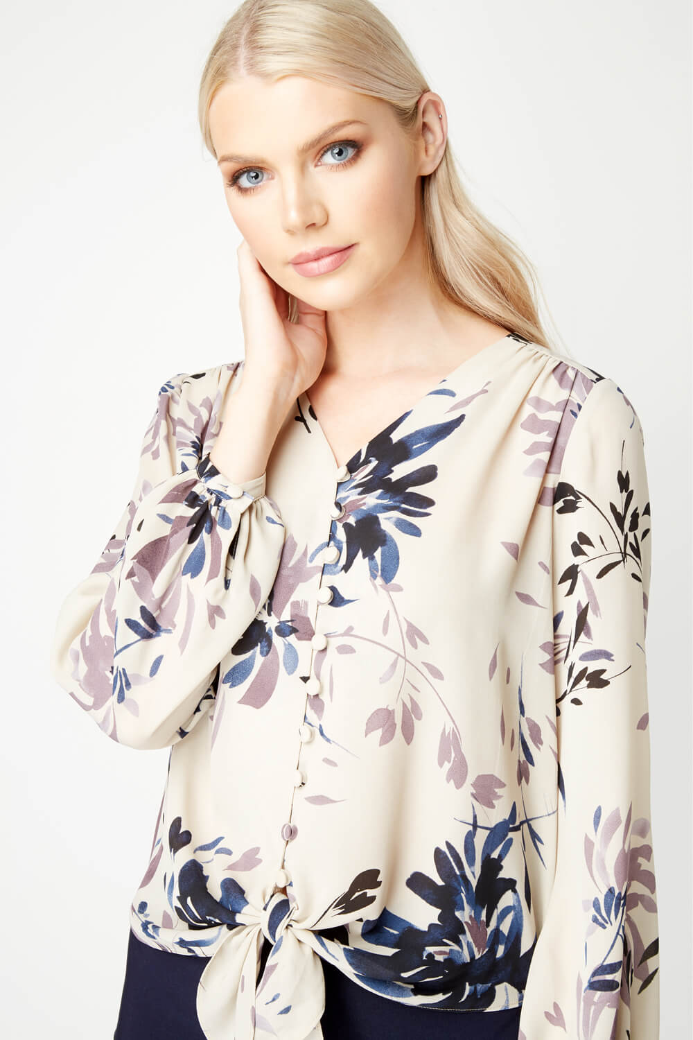 Multi  Printed Knot Front Blouse, Image 4 of 5