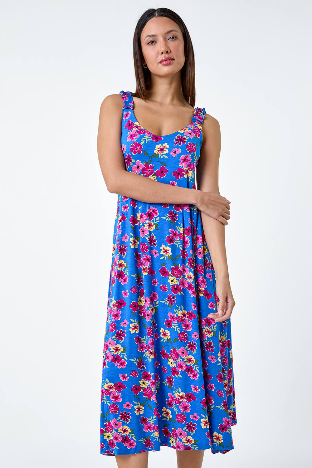Blue Floral Shirred Strap Midi Dress, Image 4 of 5