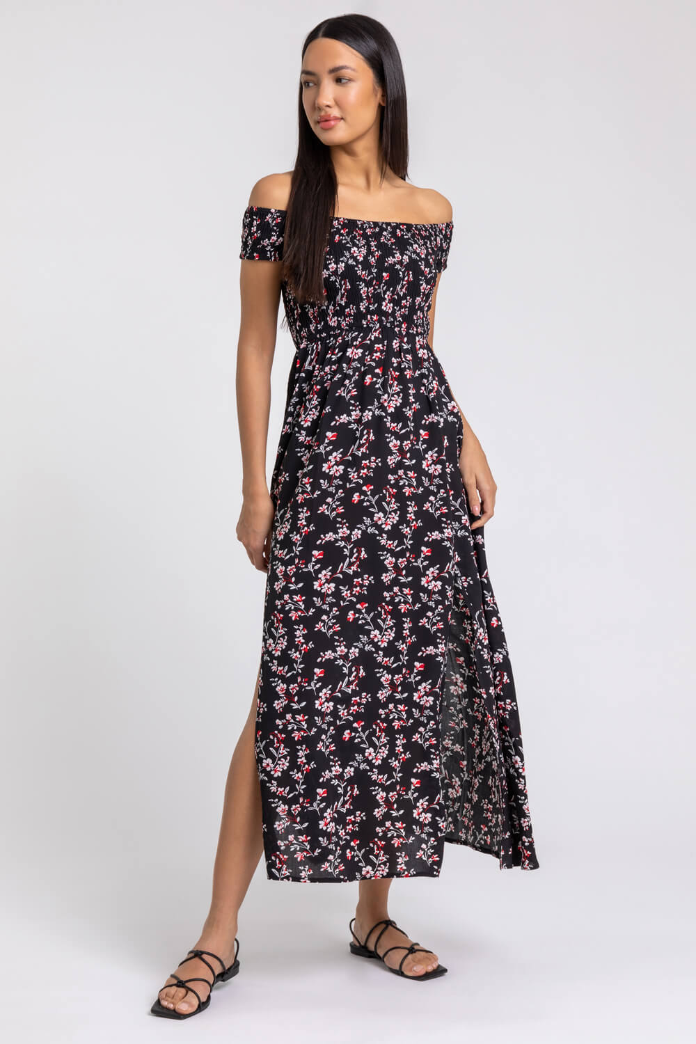 Black Shirred Floral Print Bardot Dress, Image 3 of 4