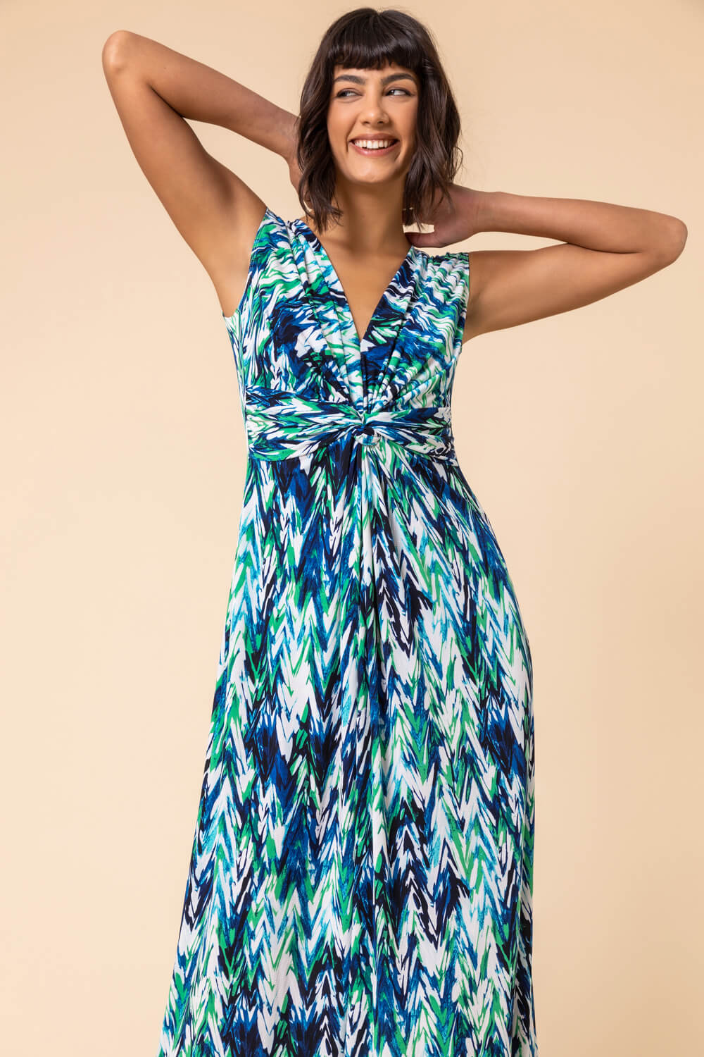 Green Abstract Print Twist Front Maxi Dress, Image 5 of 5