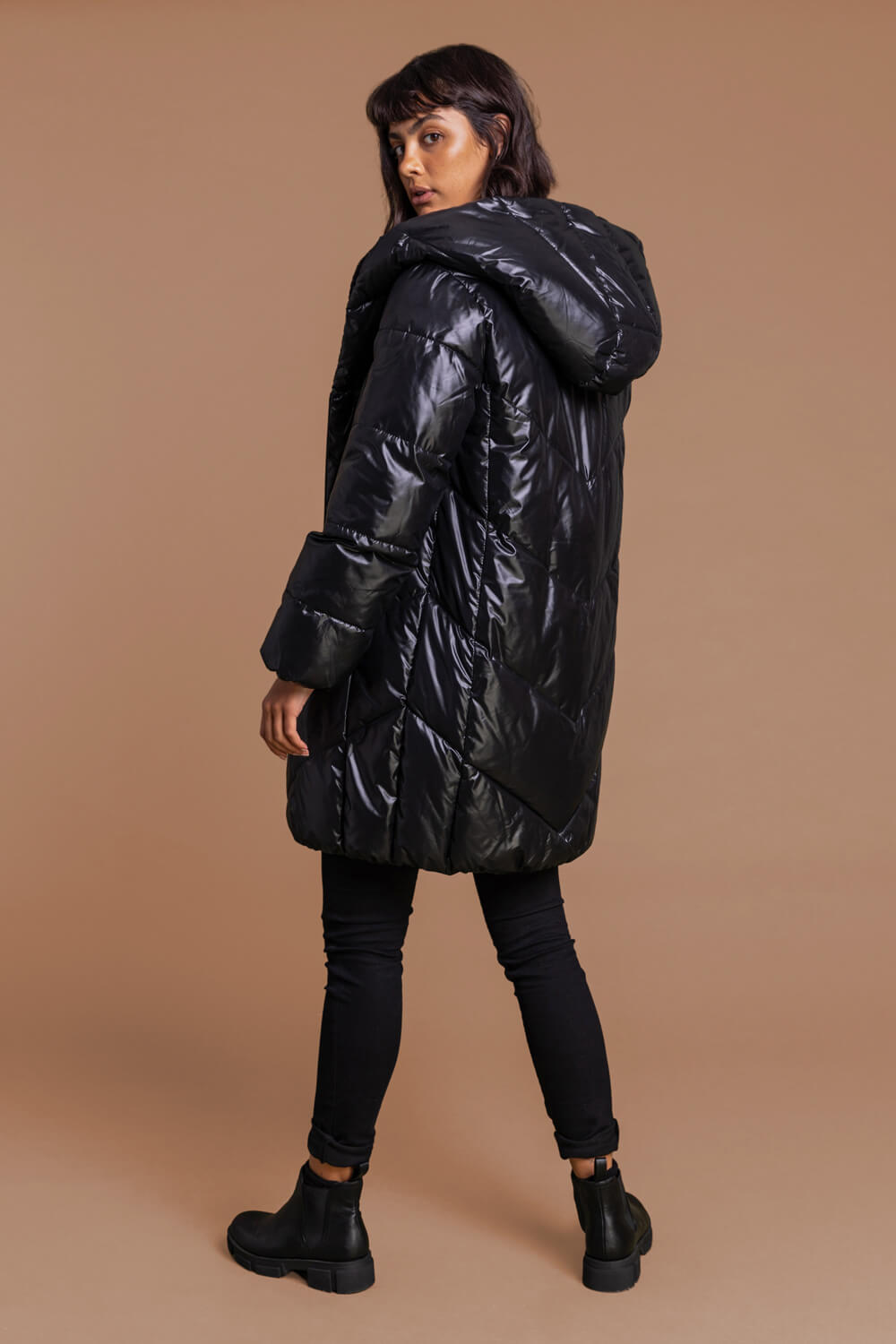 Black Hooded Long Quilted Coat, Image 4 of 4
