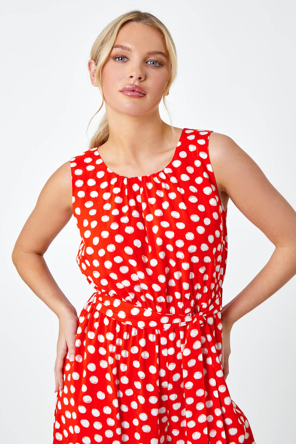 Red Petite Polka Dot Cropped Jumpsuit, Image 4 of 5