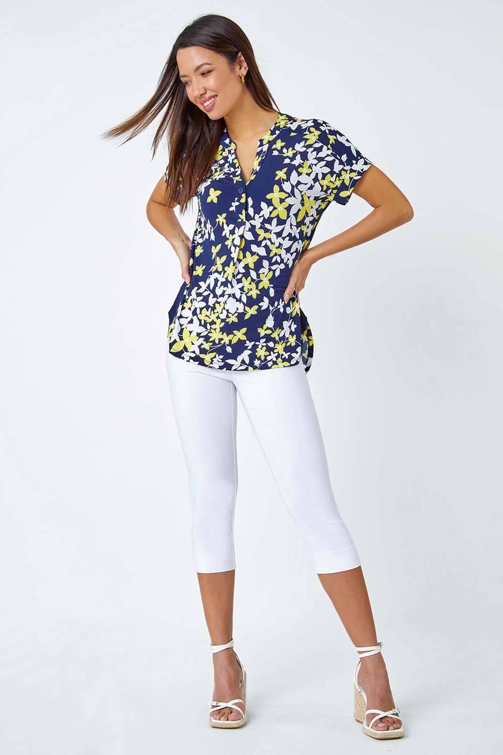 Yellow Floral Puff Print Pleat Front Top, Image 2 of 5