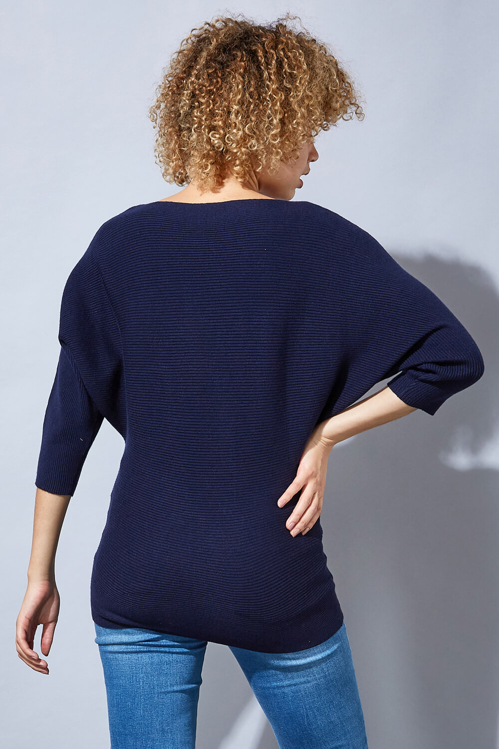 Midnight Blue Ribbed Batwing Jumper, Image 3 of 4