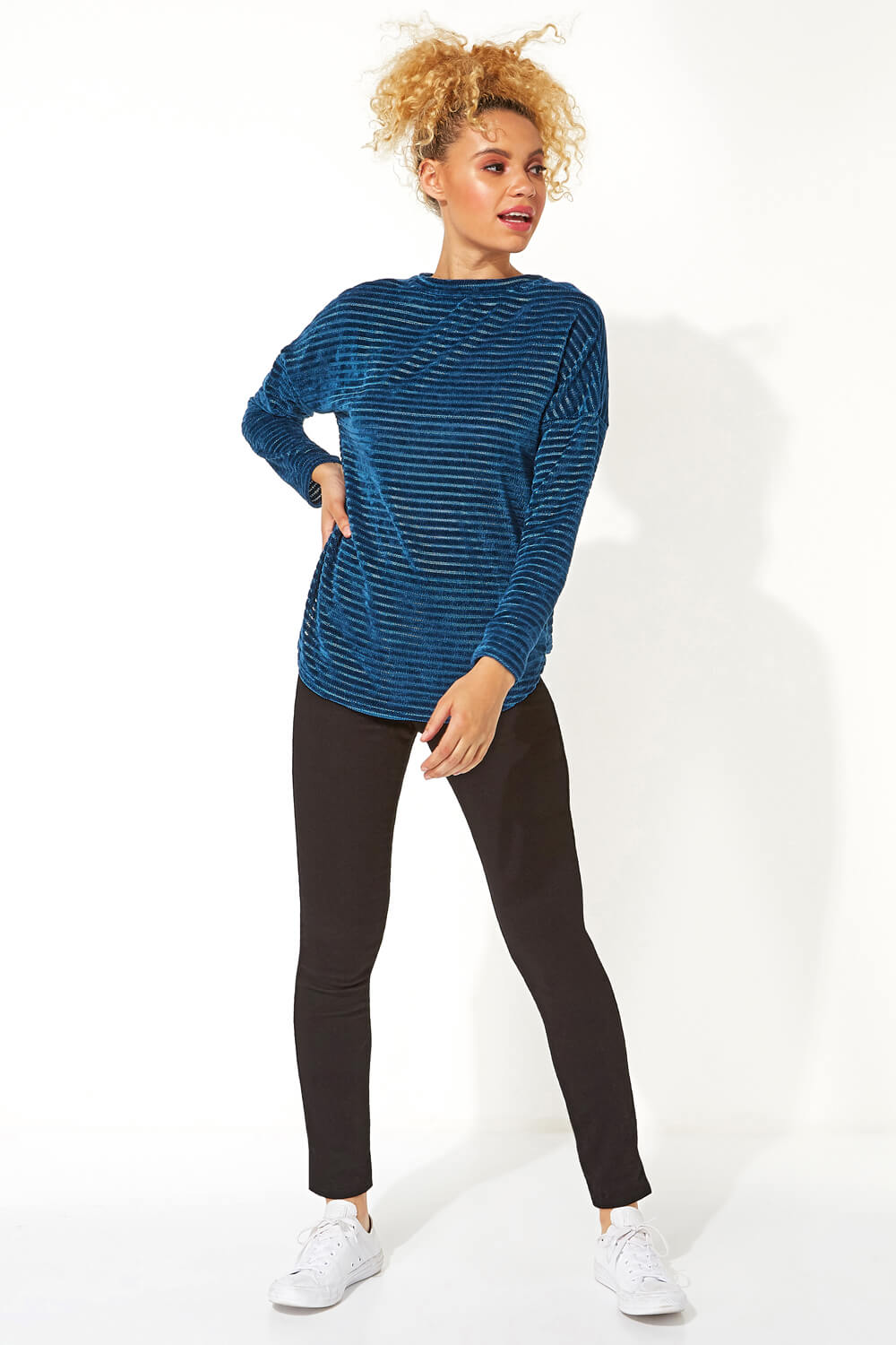 Teal Chenille Stripe Long Sleeve Top, Image 2 of 5