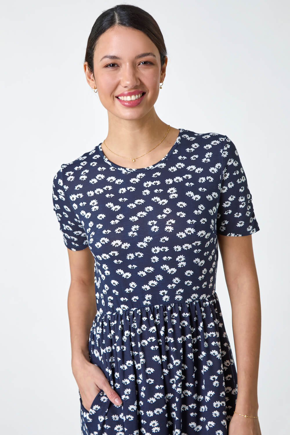 Navy  Ditsy Floral Stretch Dress, Image 4 of 5