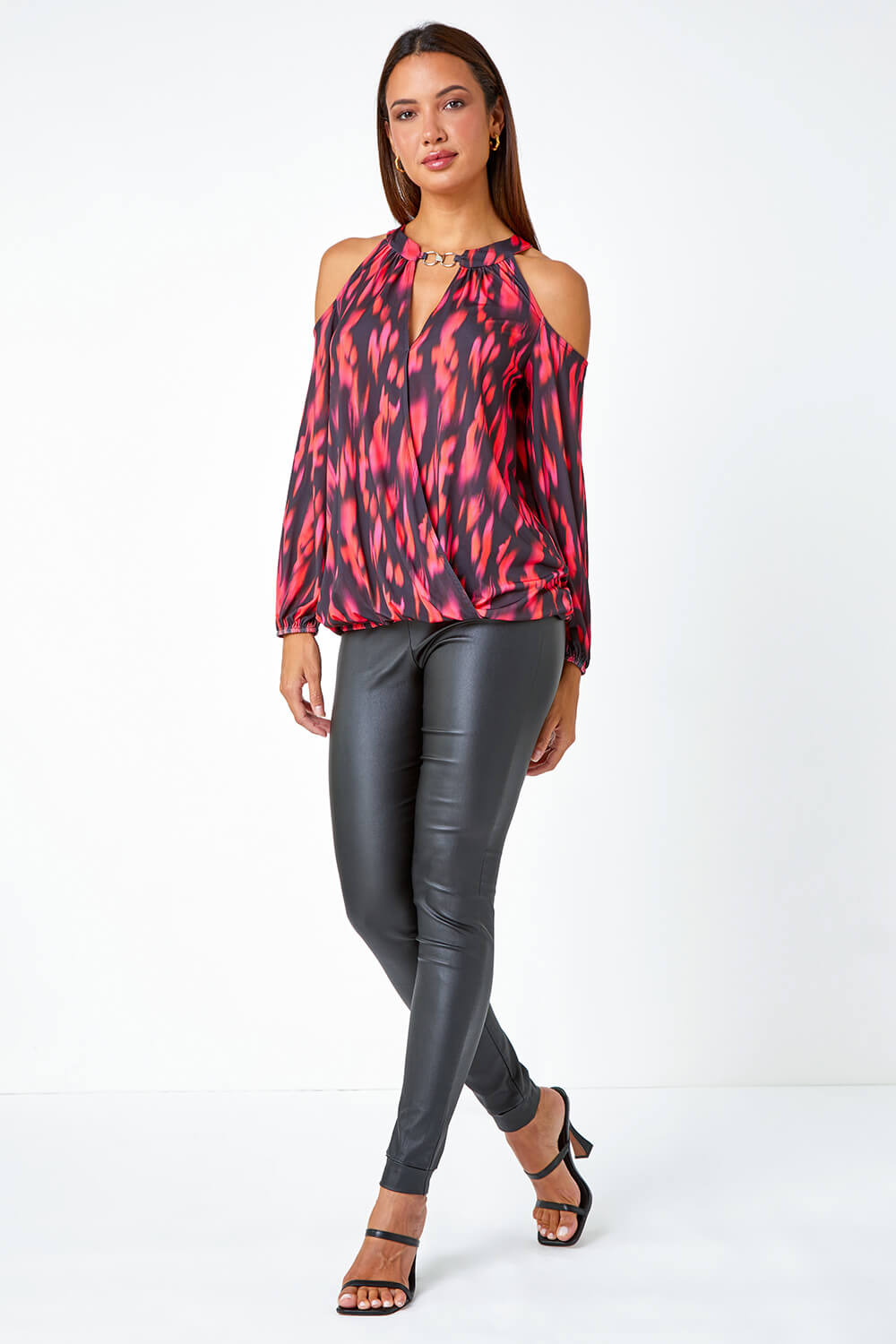 Fuchsia Abstract Print Cold Shoulder Stretch Top, Image 2 of 5