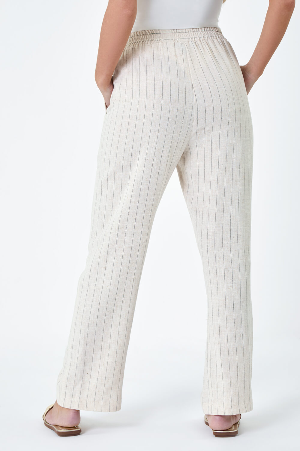 Natural  Petite Linen Blend Stripe Trousers, Image 3 of 5