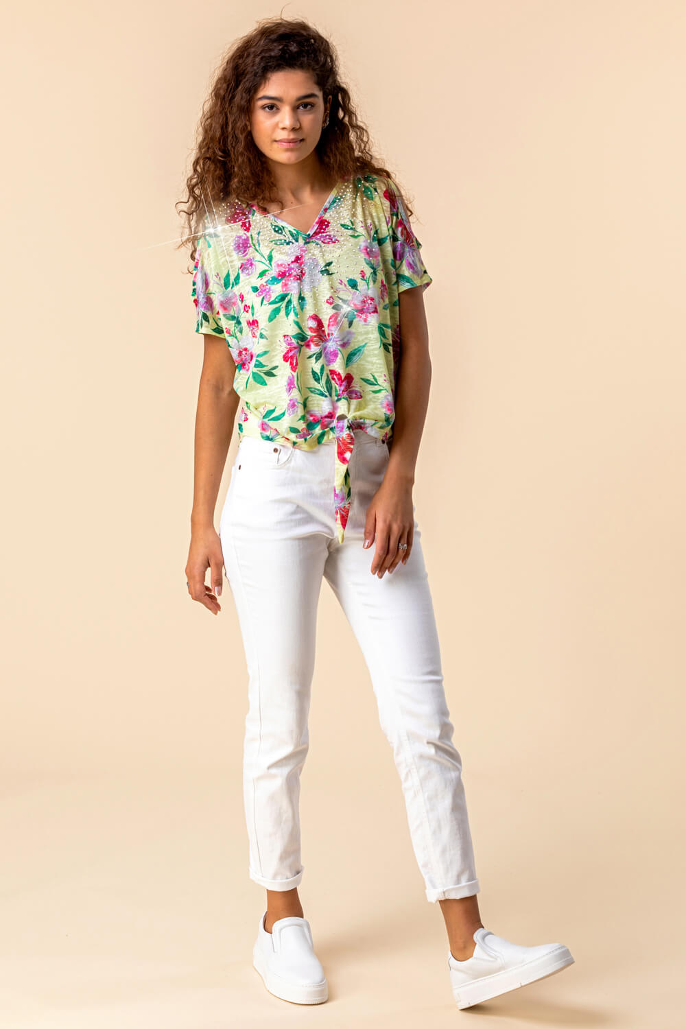 Yellow Hotfix Tropical Print Tie Front Top, Image 3 of 4