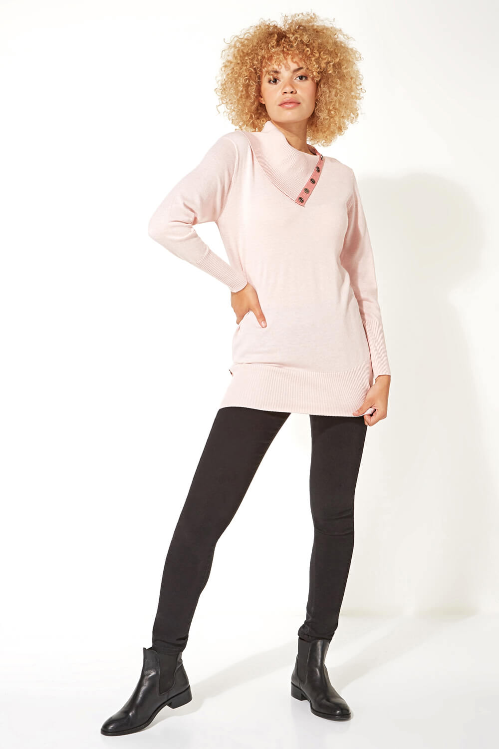 PINK Split Button Neck Tunic Jumper, Image 2 of 5