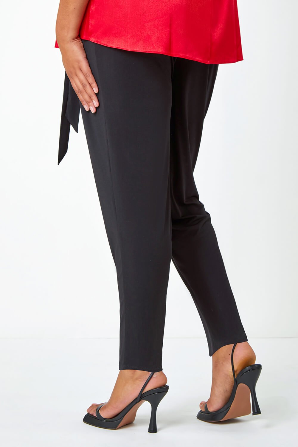 Black Curve Tapered Belted Stretch Trousers, Image 3 of 5