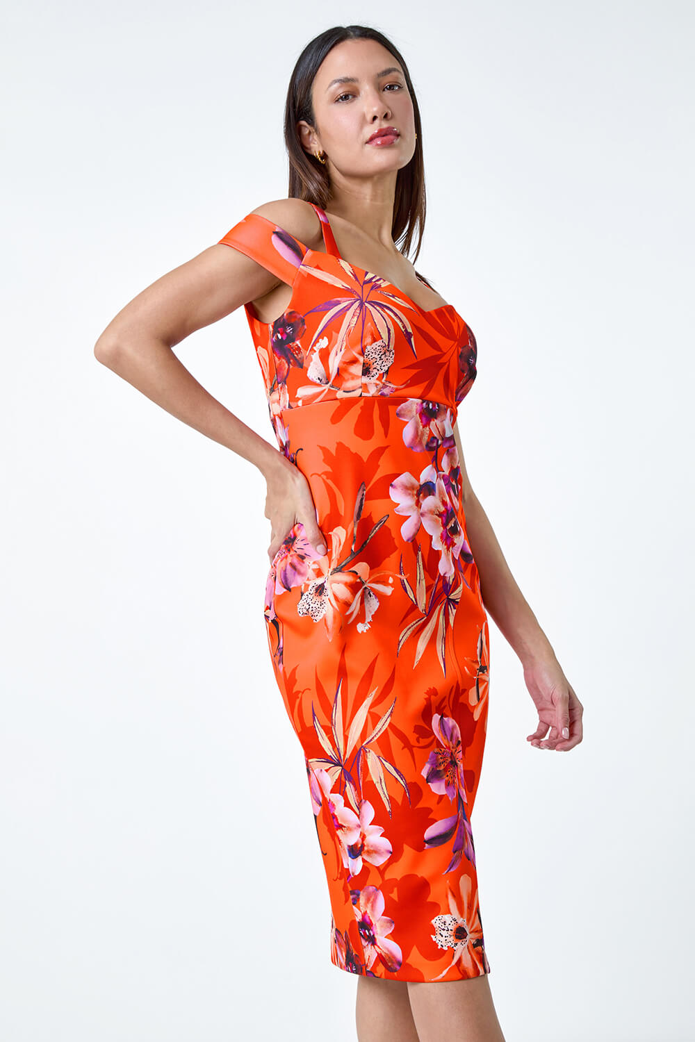 ORANGE Premium Stretch Floral Cold Shoulder Dress, Image 2 of 5