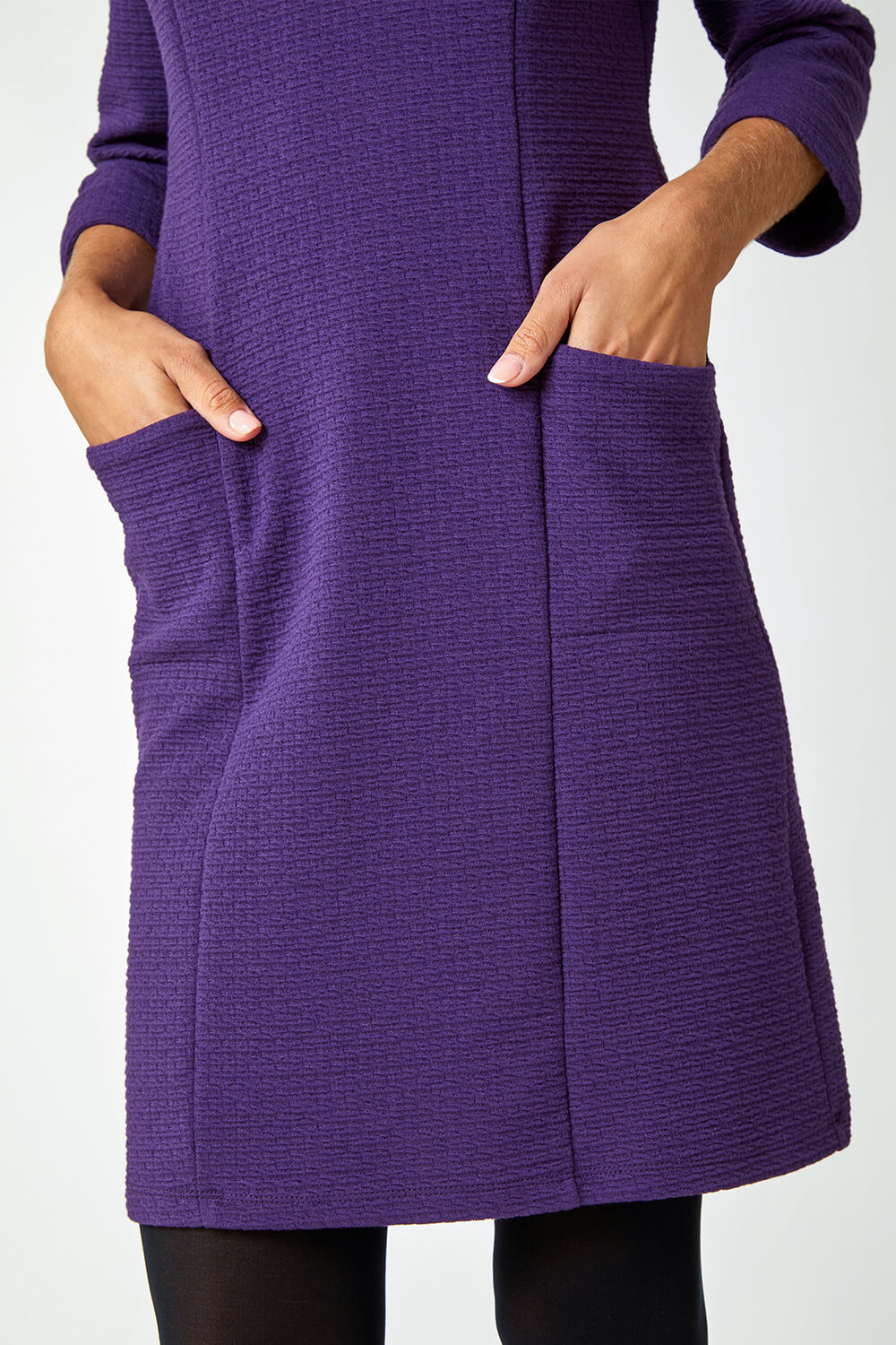 Purple Textured Cotton Blend Shift Stretch Dress, Image 5 of 5