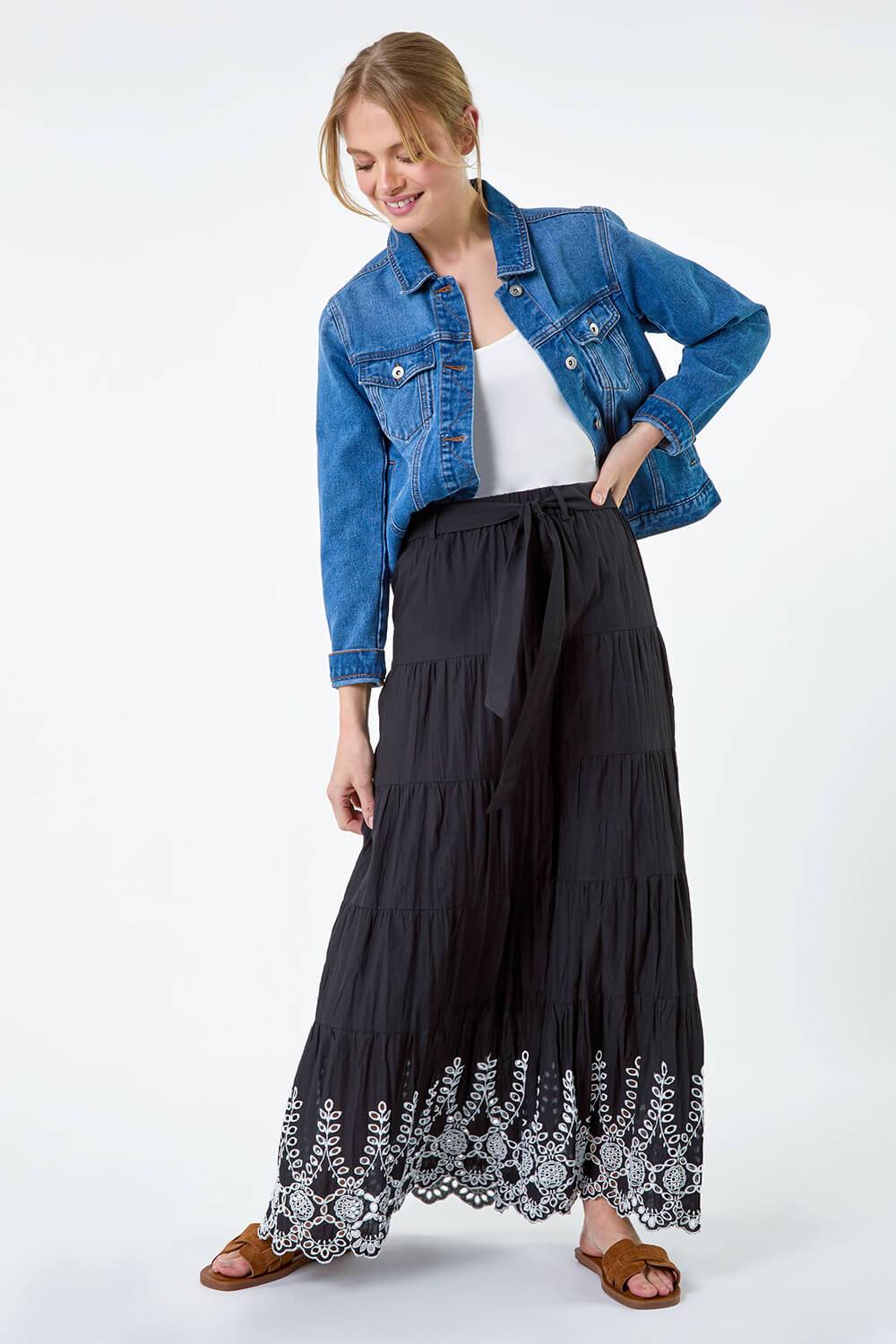 Black Cotton Broderie A line Tiered Maxi Skirt, Image 2 of 6