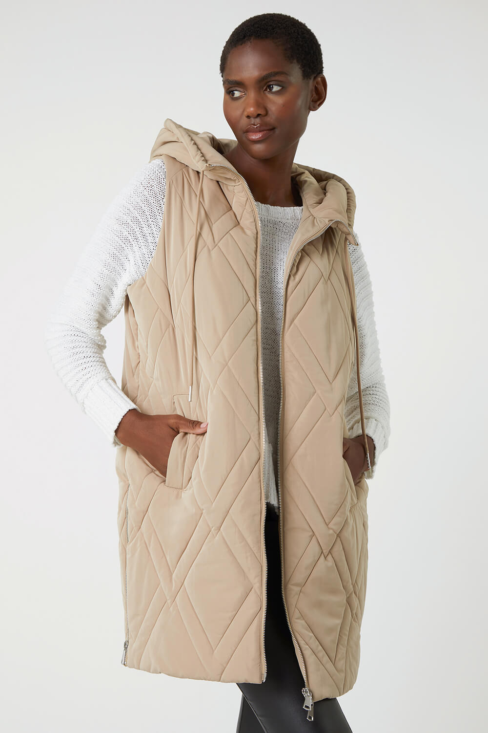 Beige Diamond Quilted Hooded Gilet, Image 1 of 5