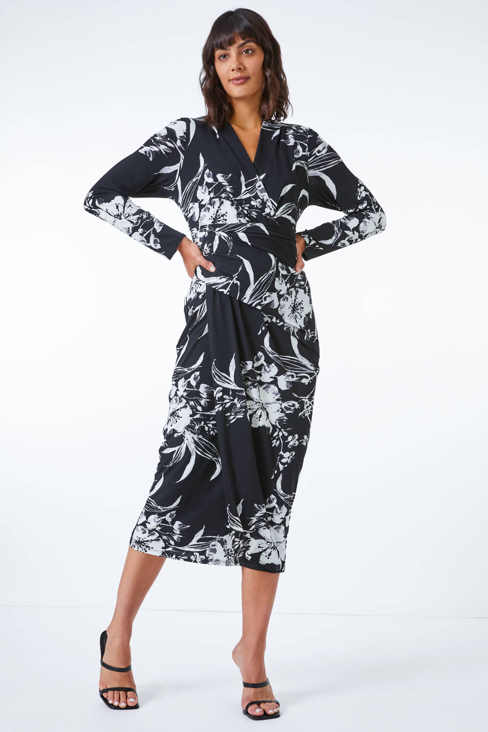 Black Fitted Floral Jersey Ruched Wrap Dress, Image 2 of 5