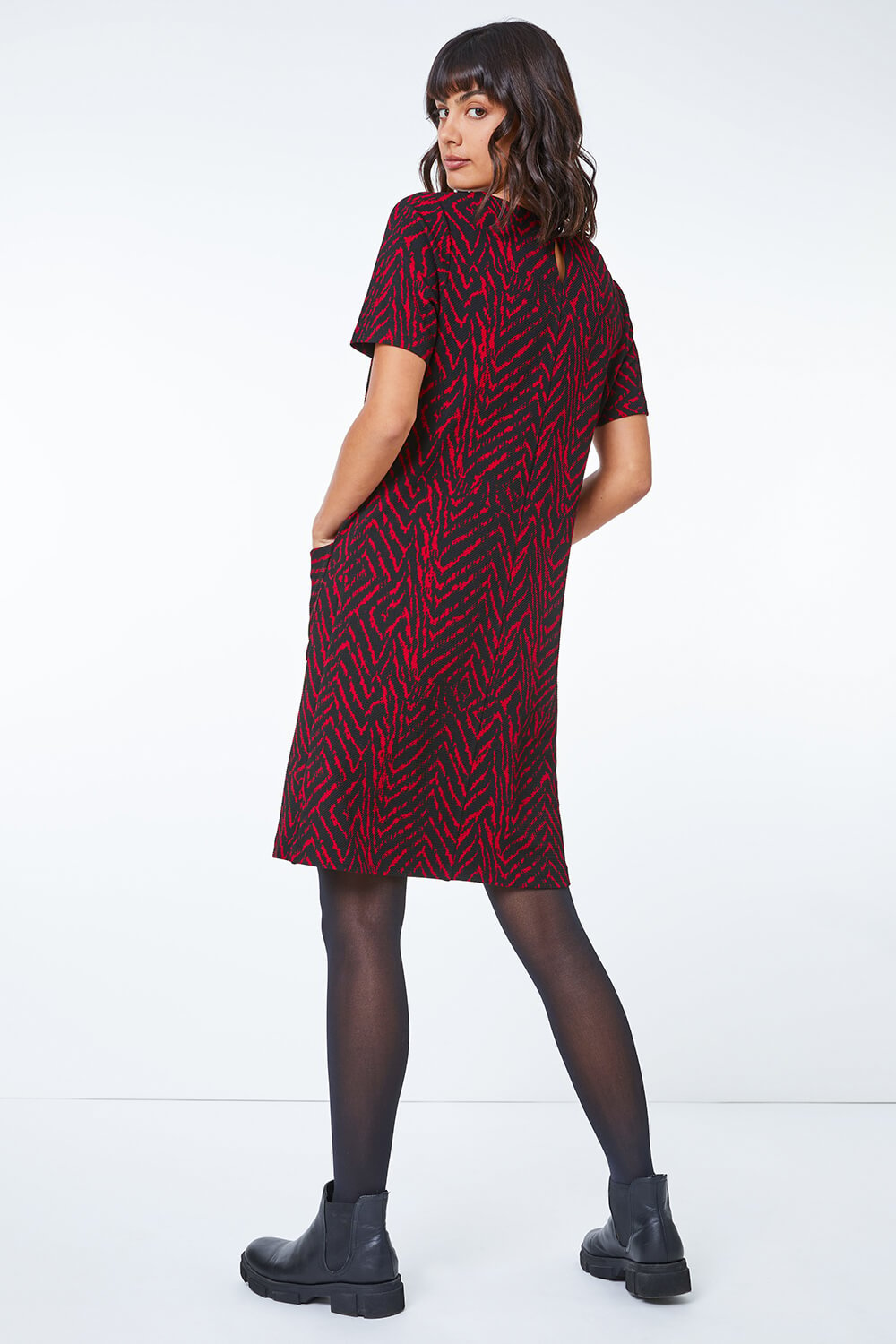 Red Textured Animal Print Stretch Tunic Dress, Image 3 of 5