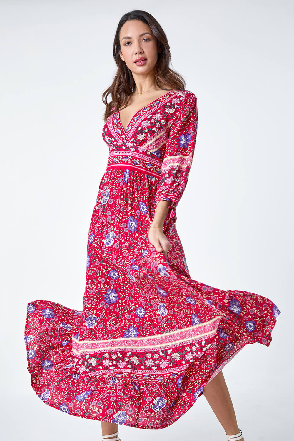 Red Floral Border Print Maxi Dress, Image 2 of 5
