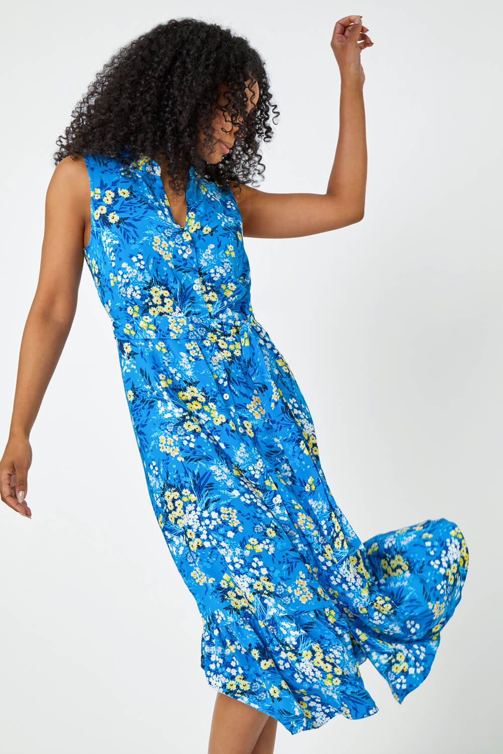 Blue Petite Floral Frill Hem Sleeveless Dress, Image 4 of 5