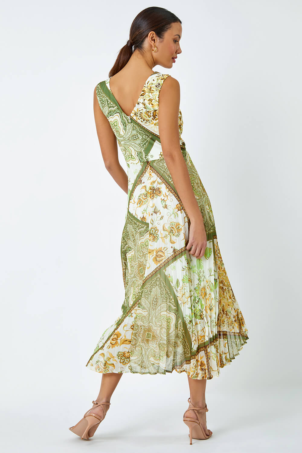 Green Paisley Scarf Print Pleated Midi Dress, Image 4 of 5
