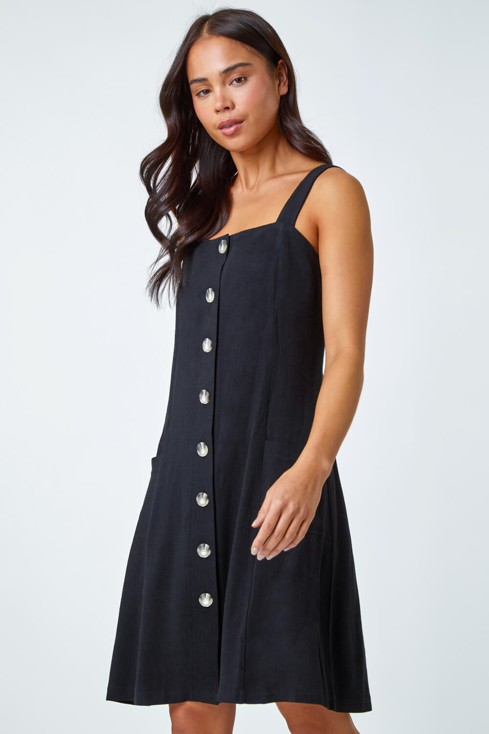 Black Petite Button Front Pocket Dress , Image 3 of 6