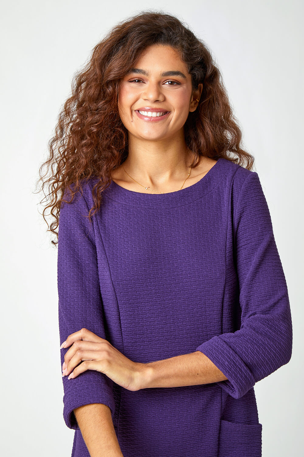 Purple Textured Cotton Blend Shift Stretch Dress, Image 4 of 5