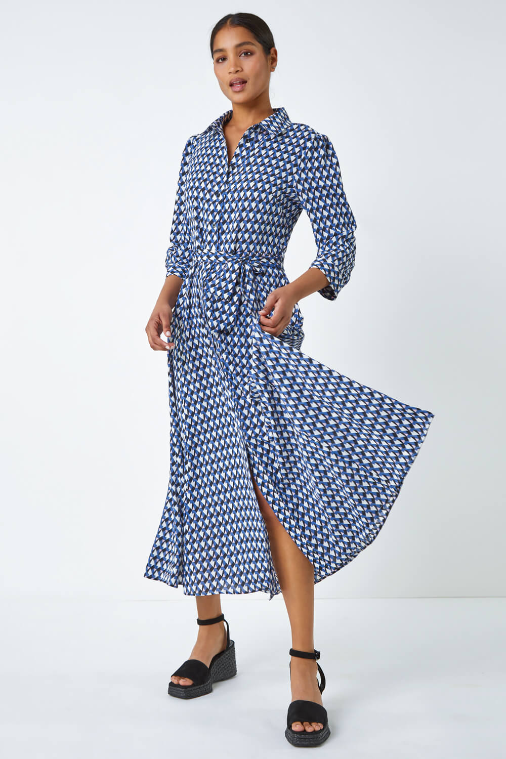 Blue Geometric Print Tie Waist Midi Shirt Dress, Image 1 of 5