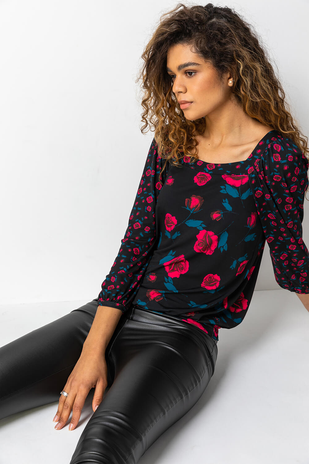 PINK Contrast Floral Print Square Neck Top, Image 5 of 5