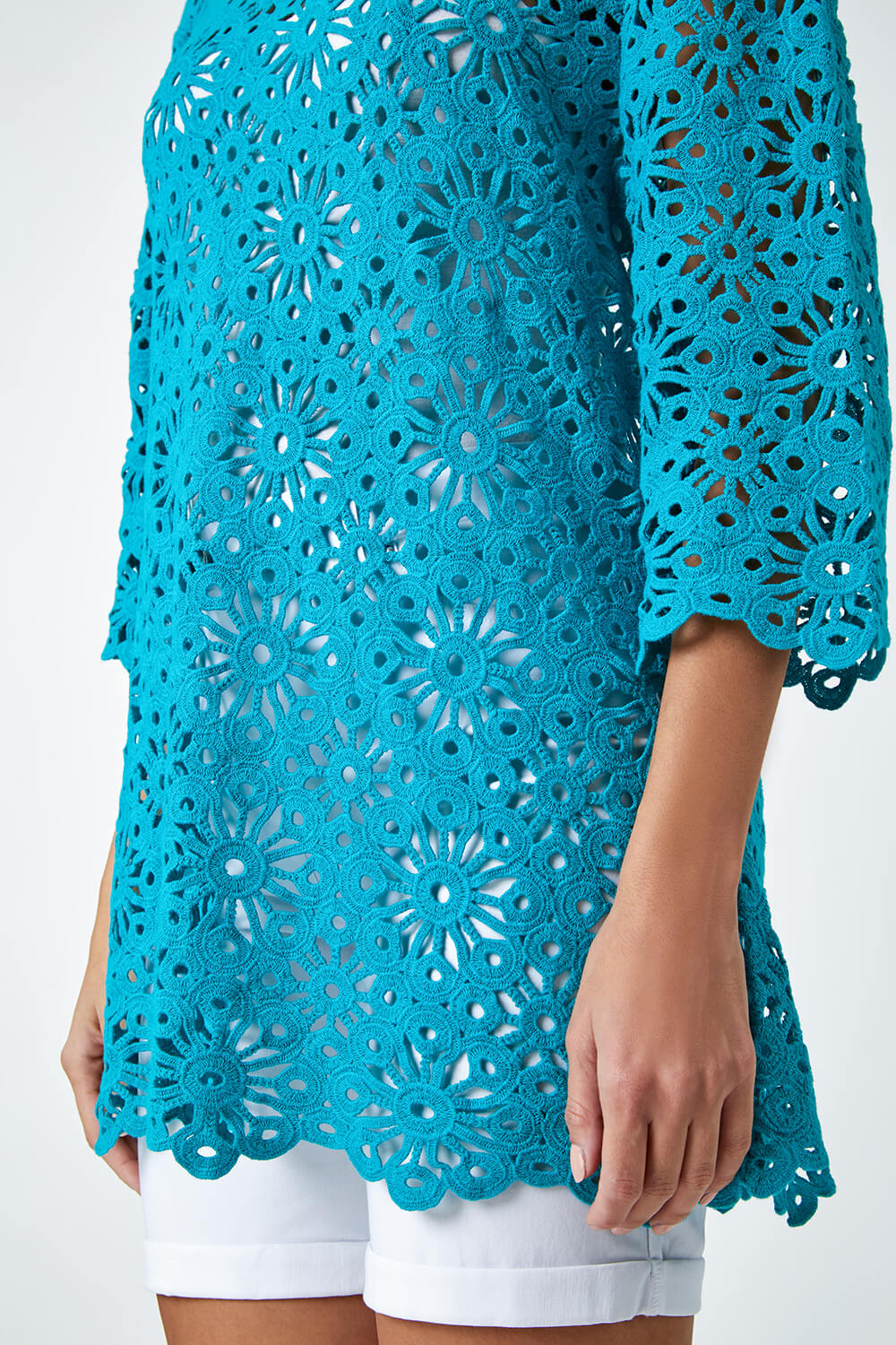 Turquoise Floral Cotton Crochet Top, Image 5 of 5