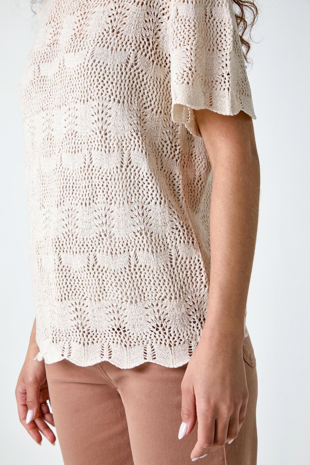 Natural  Pointelle Knit Scalloped Hem Top, Image 5 of 5