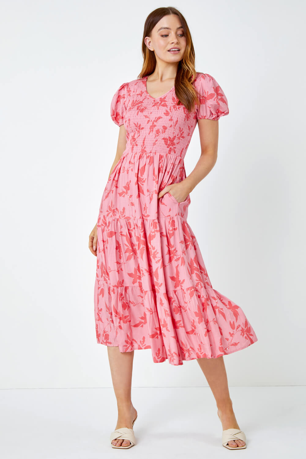 PINK Floral Shirred Waist Tiered Midi Dress, Image 2 of 6