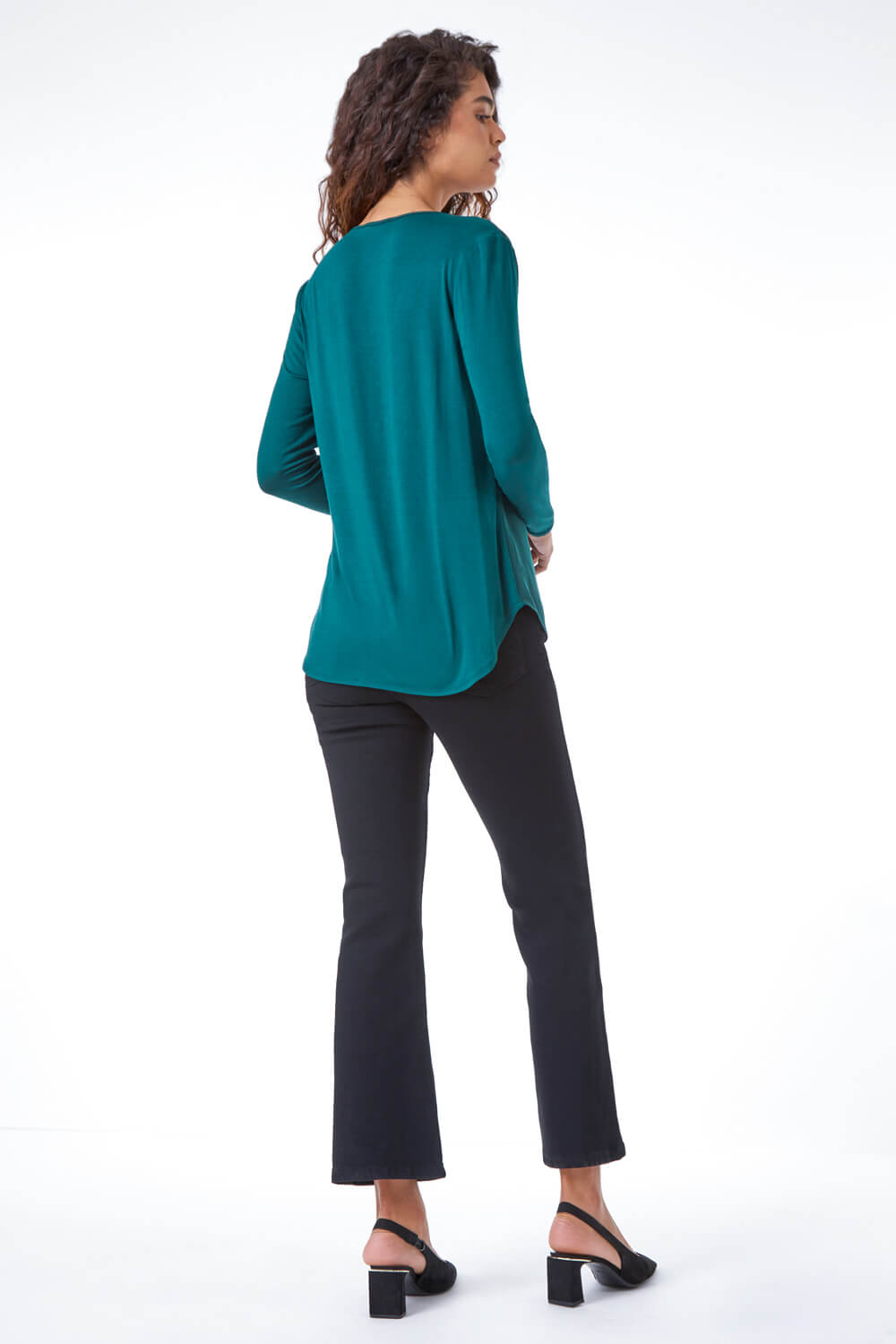 Green Frill Detail V-Neck Top, Image 3 of 5