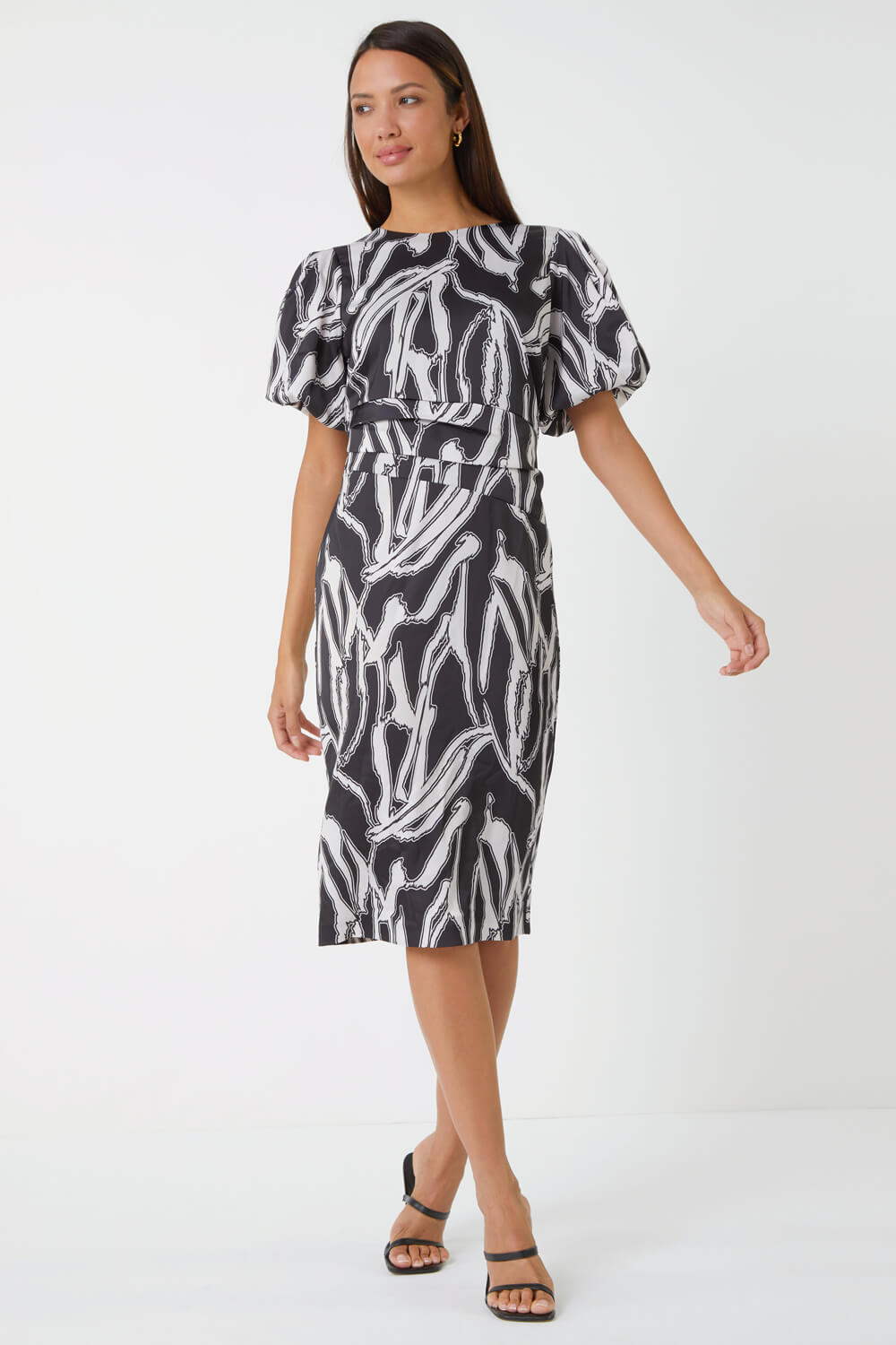 Black Abstract Print Ruched Stretch Dress , Image 2 of 5