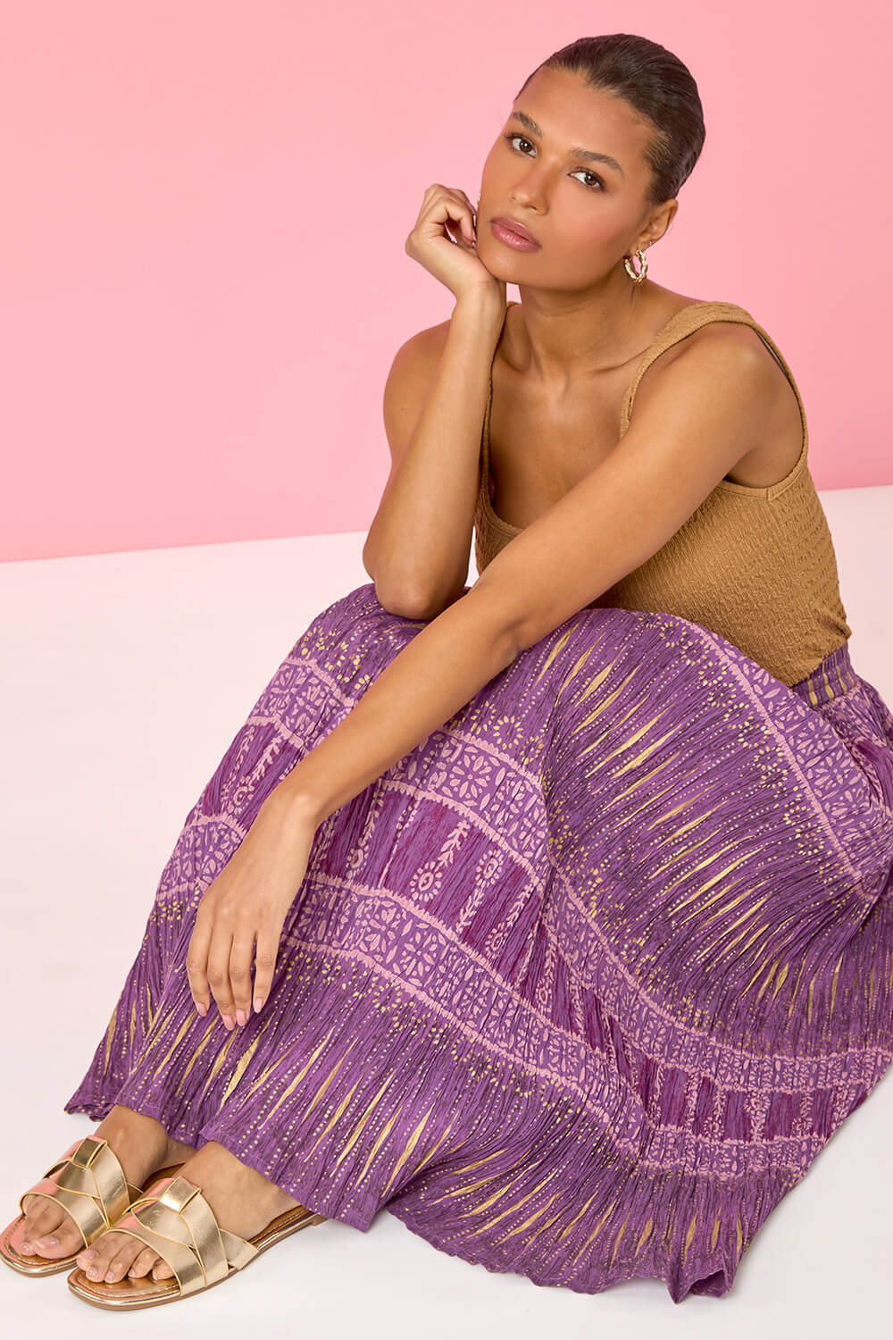 Purple Crinkle Cotton Metallic Foil A Line Midi Skirt, Image 7 of 7