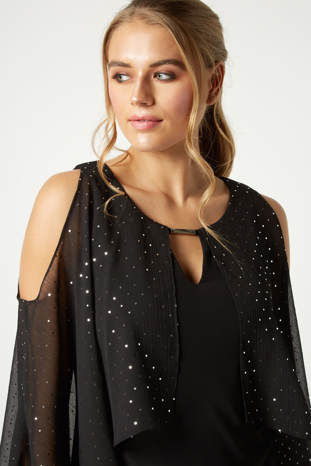 Black Spot Glitter Chiffon Overlay Dress, Image 4 of 5
