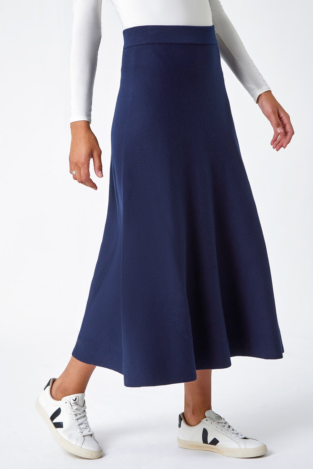 Midnight Blue Plain Knitted Midi Skirt, Image 4 of 5