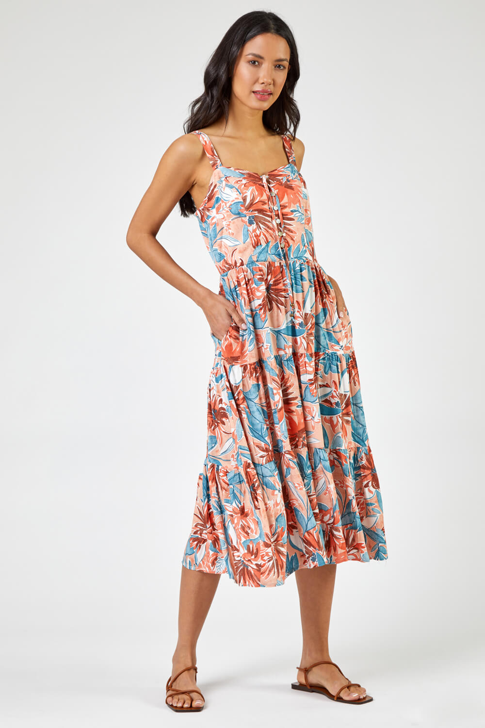 CORAL Tropical Floral Tiered Pocket Midi Dress, Image 3 of 5