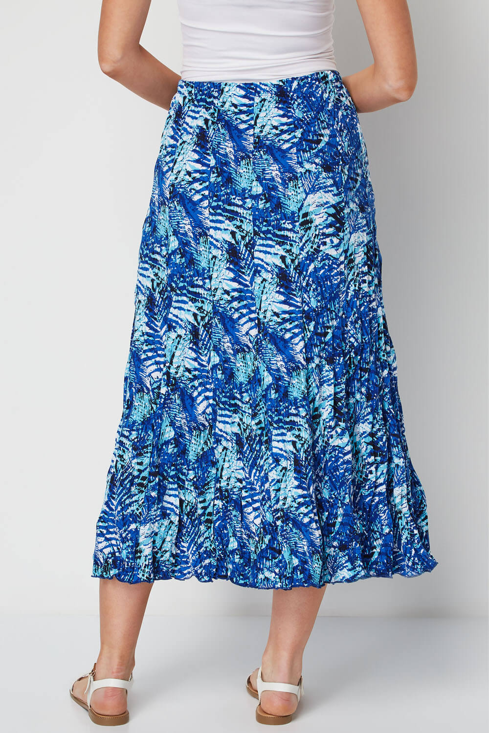 Blue Tropical Print Crinkle Midi Skirt, Image 2 of 4