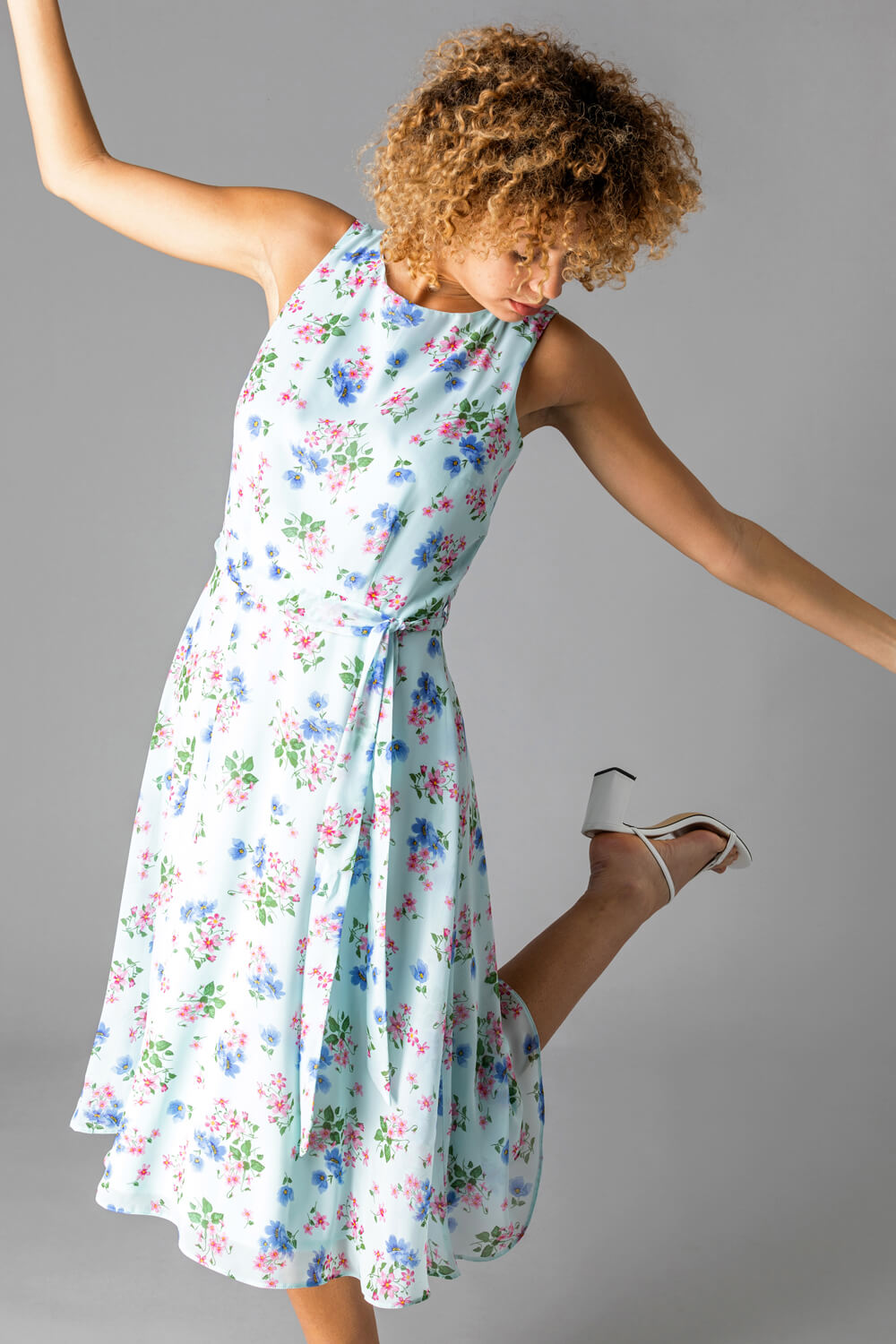Blue Floral Fit & Flare Midi Dress, Image 3 of 4