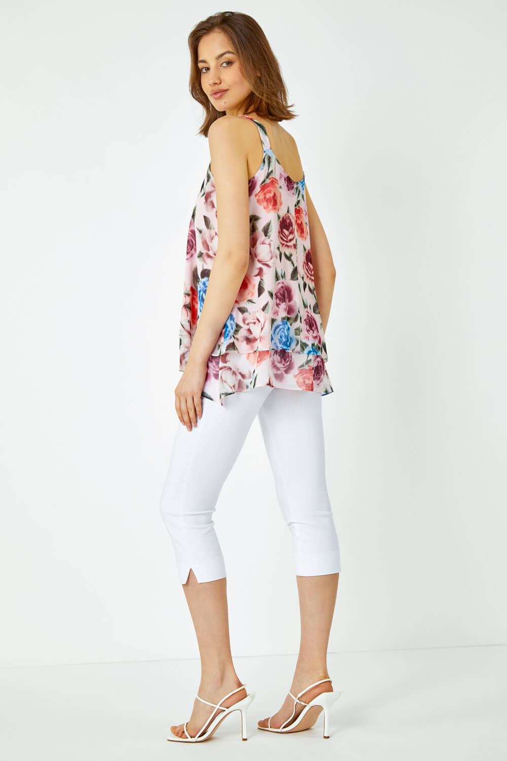 Pink Sleeveless Floral Double Layer Top, Roman UK