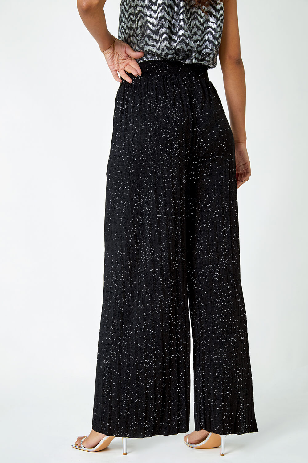 Black Pleated Glitter Stretch Trousers, Image 3 of 5