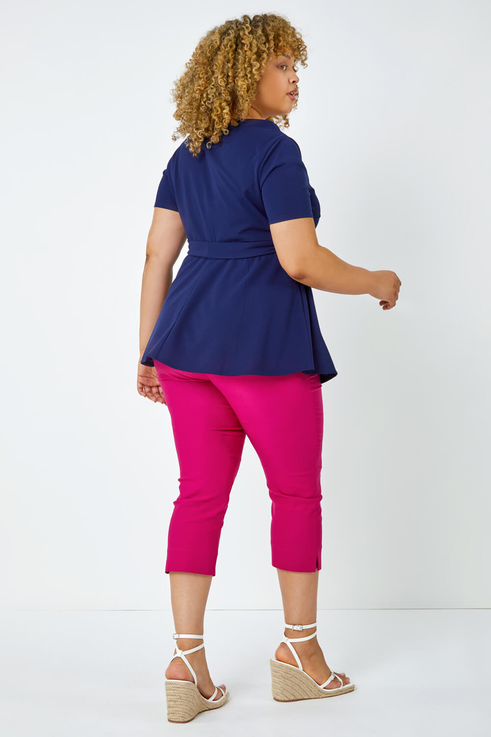 Navy  Curve Stretch Belted Peplum Top, Image 2 of 5