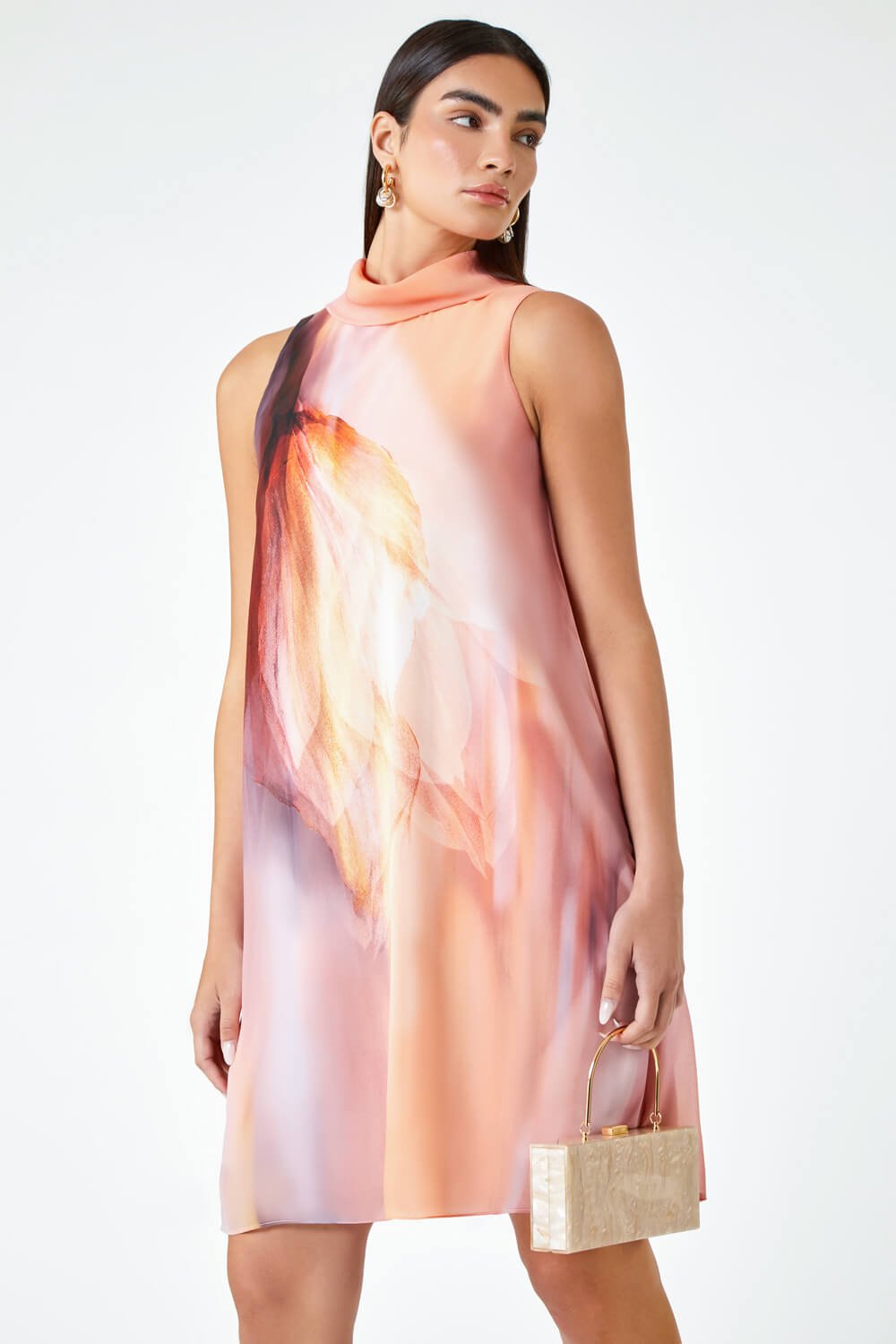 Peach LIMITED Printed High Neck Shift Dress, Image 2 of 5