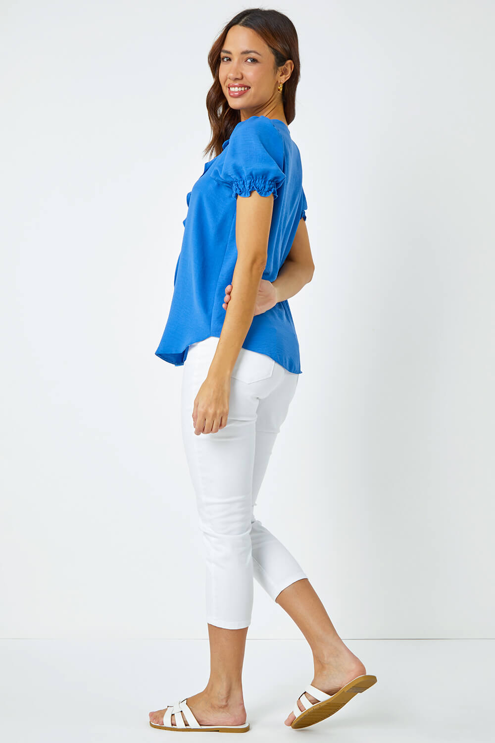 Blue Ruffle Front Tie Detail Blouse, Image 4 of 6