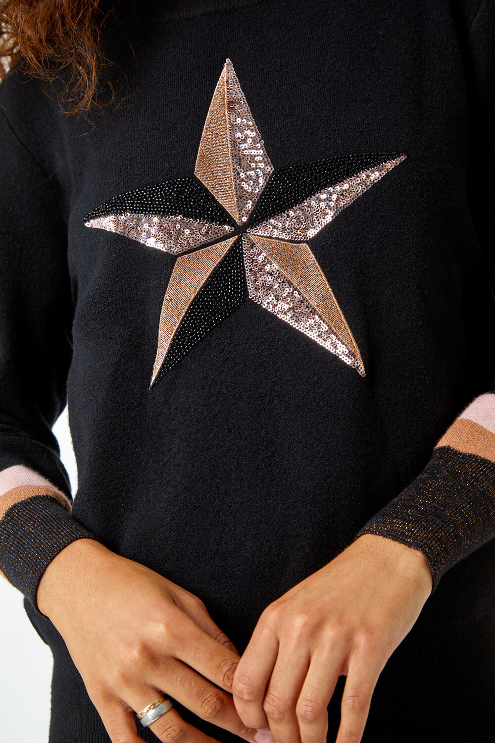 Black Sequin Embellished Star Print Jumper, Image 5 of 5