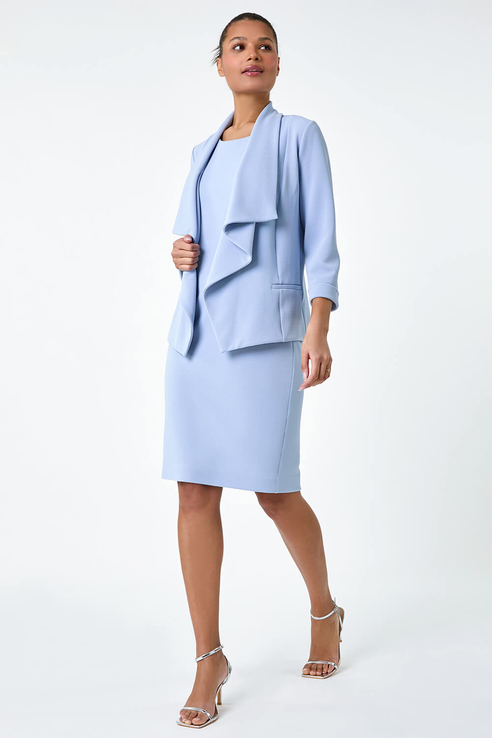 Light Blue  Textured Stretch Waterfall Front Jacket, Image 6 of 6
